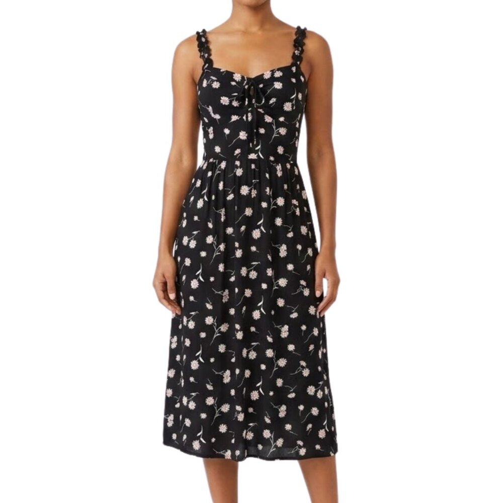 AUW Black Daisy Floral Smocked Midi Dress Large Rayon Cottagecore Boho Summer